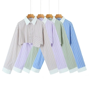Chemise Courte à Rayures en Coton pour Femmes Manches Longues Col Rabattu Poignets Blancs Contrastés Blouse Décontractée Chic Top