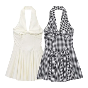 Women's Elegant Halter Backless Mini Dress Plaid Gingham A-Line Pleated Short Dress With Bow Detail Smocked Summer Sundress
