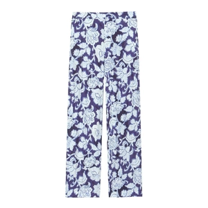 Pantaloni a gamba larga a vita alta viola scuro con elegante stampa floreale blu