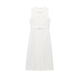 Detailed view of white sleeveless button-down dress featuring a waist belt and round neck