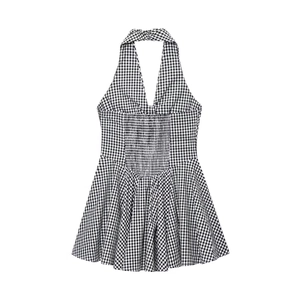 Gingham halter neck dress with smocked back and deep V-neckline in black and white check