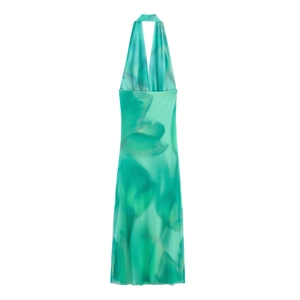 Elegant mint green halter maxi dress with floral print and silky mesh fabric on white background