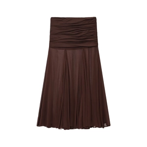 Women Sexy Semi Transparent Ruched Maxi Skirt High Waist Coffee Color Solid Chiffon Street Style Long Bodycon Skirt