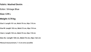 Size chart for women's vintage blue washed denim jeans showing measurements from S to XL