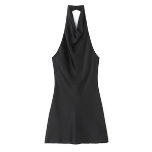 Damen Neckholder Wasserfall Ausschnitt Satin Rückenfrei Mini Kleid Schwarz Sexy Ärmellos Cocktail Party Mini Kleid