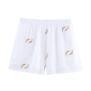 Short femme en coton blanc avec broderie florale délicate et taille élastique