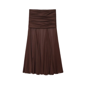 Elegant dark brown pleated midi skirt with high waist and semi-transparent design