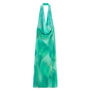 Floral print halter neck mesh maxi dress in green watercolor style for women