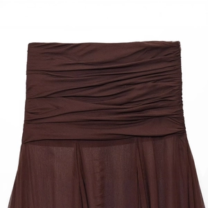 Dark brown pleated midi skirt with sheer chiffon patchwork and textured layers
