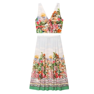Women Mediterranean Landscape Printed V Neck Sleeveless Crop Top And High Waisted Pleated Midi Skirt Polyester Elegant Vacation Clothing