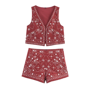 Tenue Décontractée Femme Style Ethnique Bohème Gilet Sans Manches Col en V et Short Taille Haute Brodé Rouge Brique Paillettes