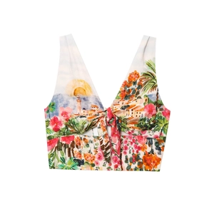 Women's V-neck crop top with Mediterranean landscape print and front tie detail