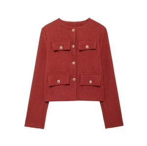 Veste en maille rouge foncé pour femme avec boutons dorés et quatre poches
