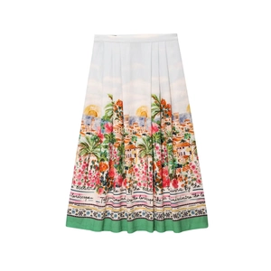 Women's white A-line midi skirt with Mediterranean landscape print and green hem