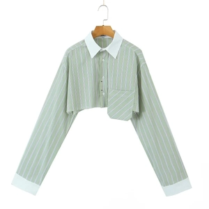 Chemise courte à rayures vert clair avec col et poignets blancs contrastés taille S