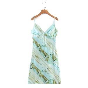 Robe Camisole en Satin pour Femmes Imprimé Marbre Col en V Tie-Dye Sans Manches Coupe Trapèze Été Décontracté Robe Courte