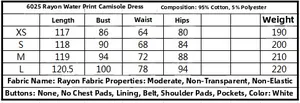 Size chart for women's floral summer dress with measurements for XS, S, M, L sizes