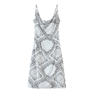Summer paisley print cami dress for women with white base and elegant draped neckline