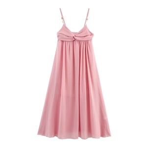 Women Elegant Pink Midi Cami Dress Ruched Twist V Neck Spaghetti Strap High Waist Vacation Party Sleeveless Dress