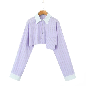 Chemise courte pour femme à rayures violet clair avec col et poignets blancs, taille S