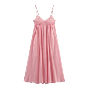 Pink chiffon midi dress with spaghetti straps and pleated bust detailing on white background