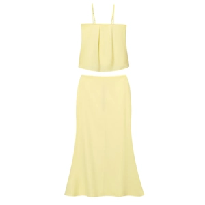 Women Summer Pleated Camisole Top And Midi Skirt Cotton Linen Blend Minimalist Vacation Casual Pale Yellow Outfits