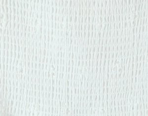 Dettaglio macro del tessuto arricciato bianco con ricami ad occhiello e texture