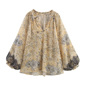 Women's V-neck vintage paisley print shirt with puff sleeves in mustard yellow color