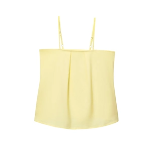 Women's light yellow pleated camisole top with adjustable spaghetti straps on white background