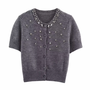 Women Elegant Short Sleeve Knit Cardigan Round Neck Rhinestone Embellished Button Up Sweater Soft Polyester Top Dark Gray