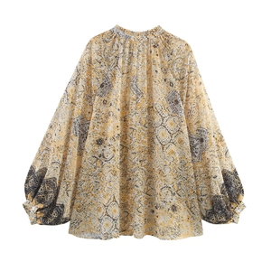 Chic long sleeve paisley print shirt with ruffle stand collar and lantern sleeves style