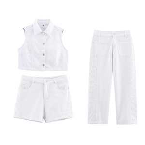 Damen Casual Polyester Top Oder Bottom Lochstickerei Einfarbig Weiß Revers Ärmellos Weste Shorts Lange Hosen Urlaub Kleidung