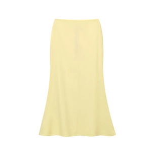 Detailed view of a light yellow high-waisted midi skirt with a smooth A-line cut
