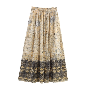 Bohemian floral printed long skirt with elastic waist and ethnic geometric patterns