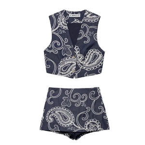 Women Embroidered Paisley Sleeveless Vest And Shorts Top And Bottom Denim Texture Boho Ethnic V Neck Waistcoat Shorts