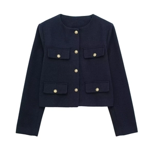 Veste en tweed bleu marine à col rond, boutons dorés et quatre poches à rabat