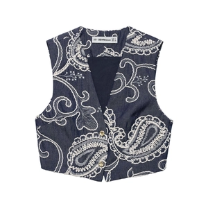 Women's dark blue paisley embroidered denim vest with gold buttons and V-neckline