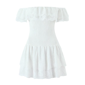 Abito Mini Donna Bianco Scollo a Barca in Cotone Ricamo a Occhiello Punto Smock Balze Stile Bohemien Vacanza Estate