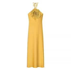 Women Summer Yellow Halter Maxi Dress With 3D Floral Decoration Satin Backless Party Dress Long A-Line Streetwear Dress