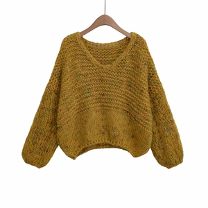 Women Casual Mustard Yellow V Neck Chunky Knit Sweater Loose Drop Shoulder Long Sleeve Top With Colorful Speckled Detail