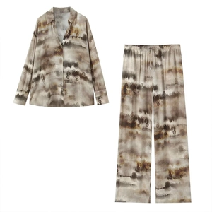 Women Tie Dye Shirt And Pants Top And Bottom Artistic Ink Wash Print Long Sleeve Top And Wide Leg Bottom Casual Loungewear Co-ord