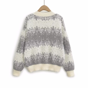 Women's gradient stripe knit sweater with long sleeves and fuzzy mohair texture