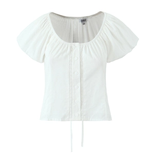 Chemisier Femme Coton Blanc Style Français Manches Bouffantes Dentelle Boutonné Haut Cordon Douce Princesse Chemise Courte