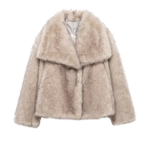 Elegant gradient faux fur coat for women with large lapels and plush texture in beige white