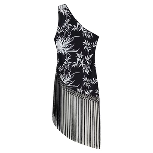 Robe Mini Asymétrique à Une Épaule Décontractée pour Femmes Noir Blanc Imprimé Floral Ourlet à Gland Sans Manches Fête