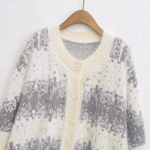 Women's V-neck gradient stripe knit cardigan sweater with mohair texture and grey tie-dye pattern