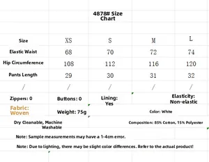 Detailed size chart for white flower embroidery shorts showing measurements and fabric details