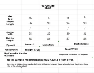 Size guide table for women white denim set with measurements for XS to L sizes