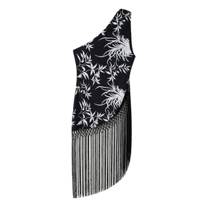 Robe asymétrique élégante à imprimé floral blanc avec de longues franges noires