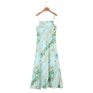 Abito sottoveste in raso con stampa tie-dye blu e spalline sottili per l'estate